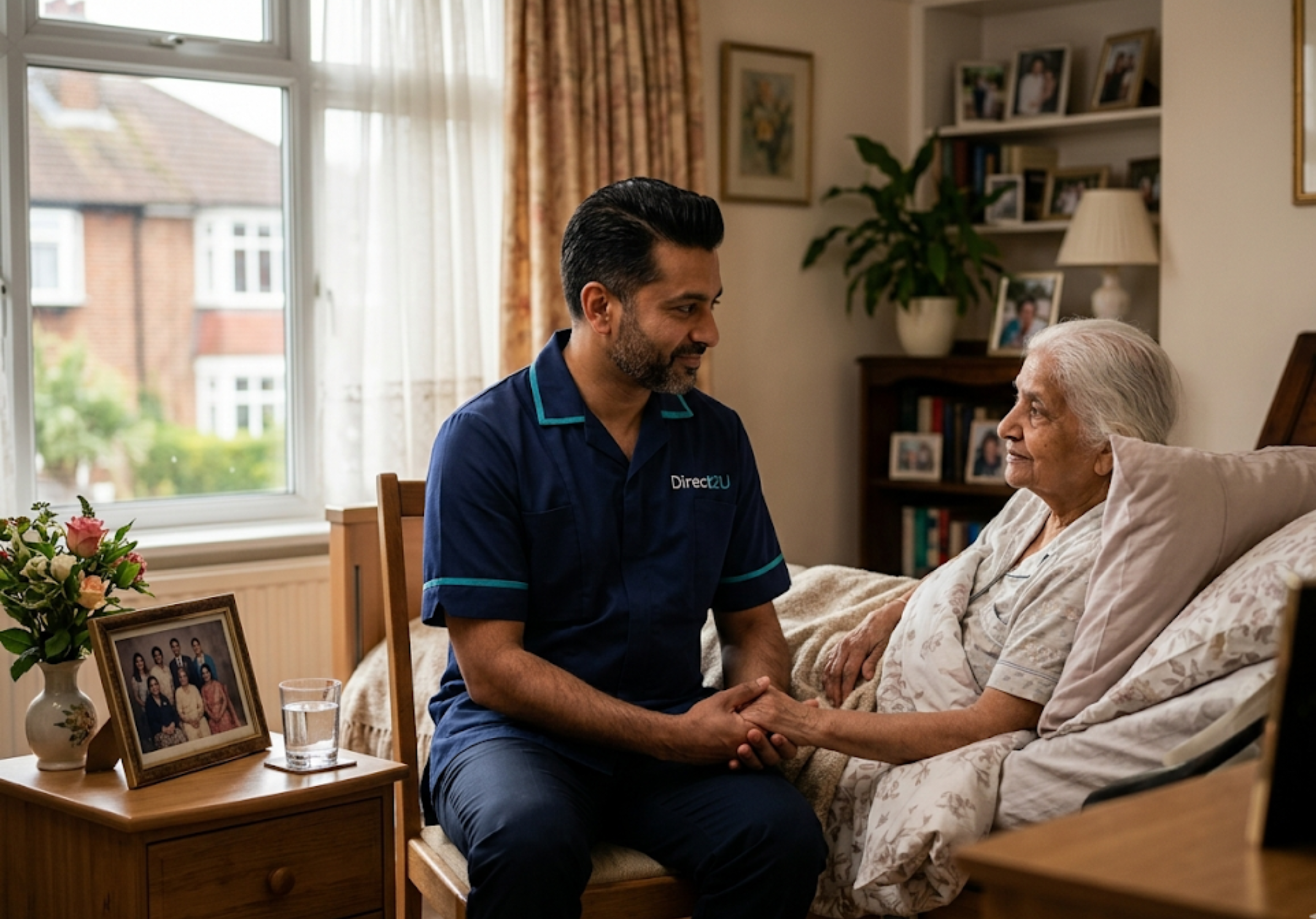 Direct2U palliative care worker sitting attentively with an elderly client in her home in North London — compassionate end-of-life care